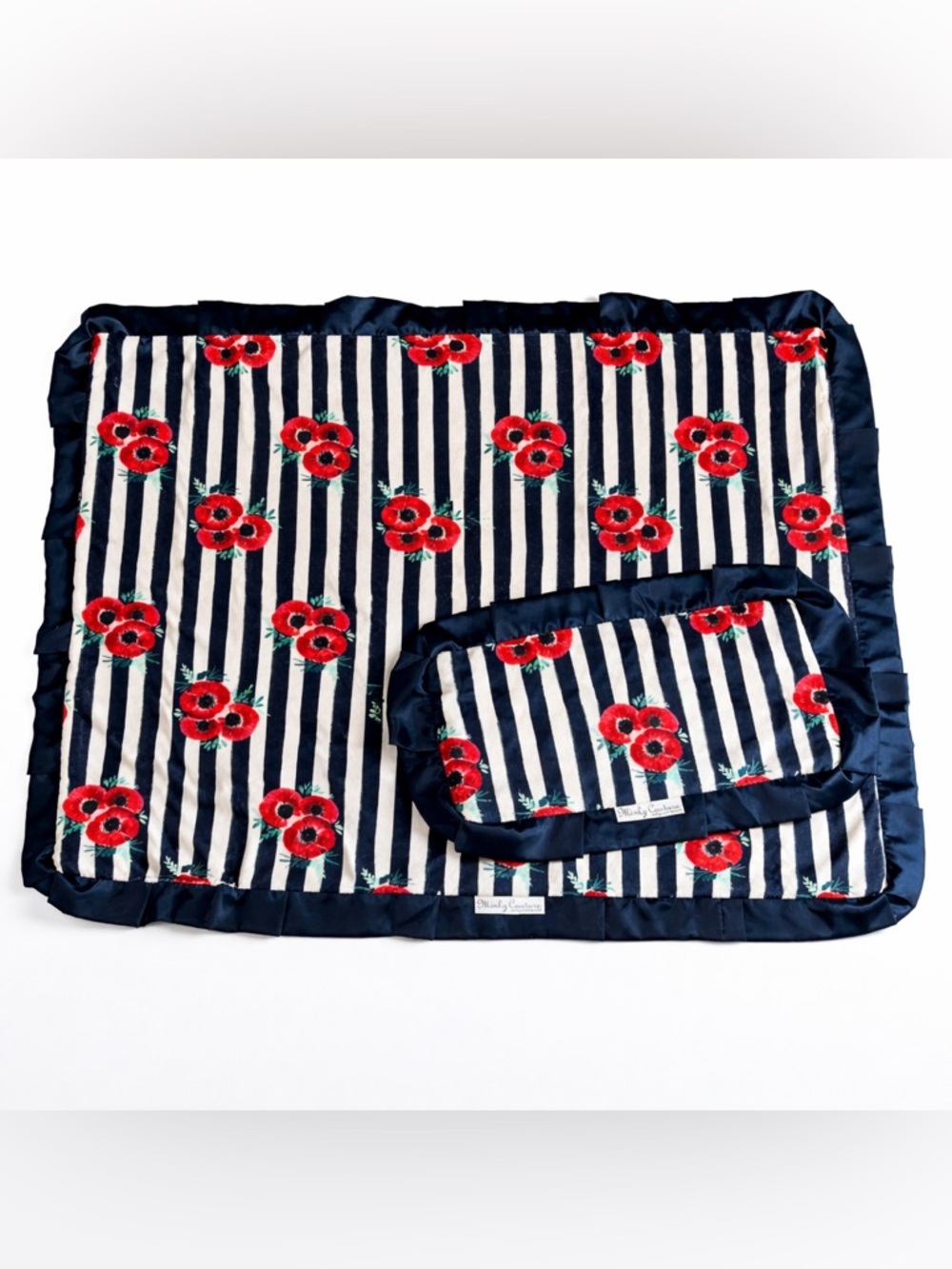 Minky Couture Blanket Set/Lot/Bundle of 2, Infant and Mini Lovey Red Floral Navy
